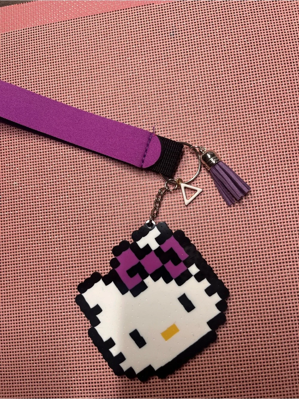 Hello Kitty Purple Pixel Bow Keychain Wristlet - Pink Backing